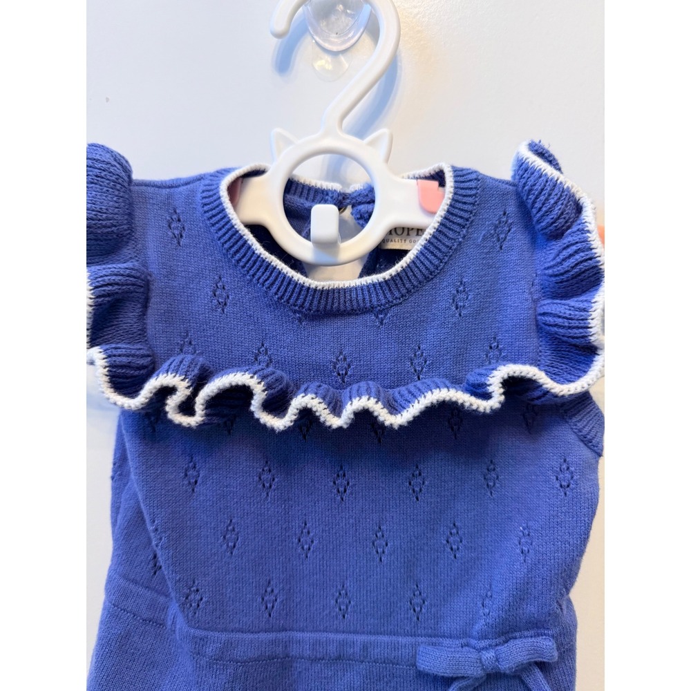 Hope & Henry Girls 12-18M Blue Organic Cotton Ruffle Knit Sweater Dress - Picture 3 of 5